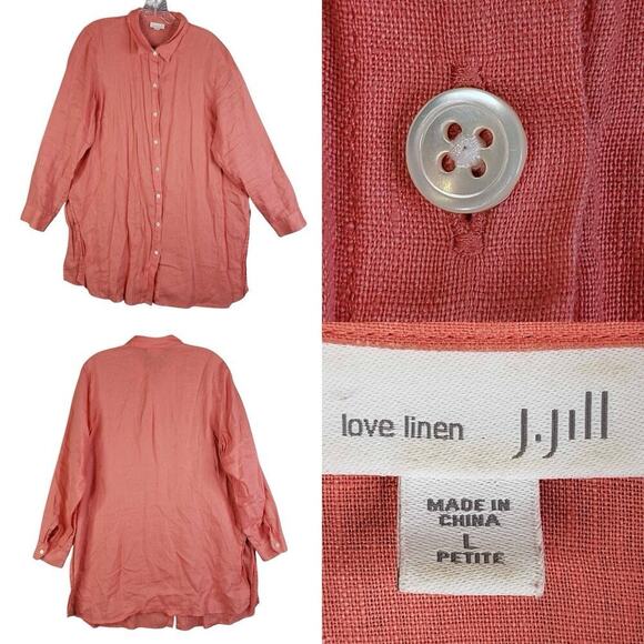 J. Jill Love Linen Shirt Top Coral Orange LS Size Large Petite LP Button Down - Picture 1 of 11